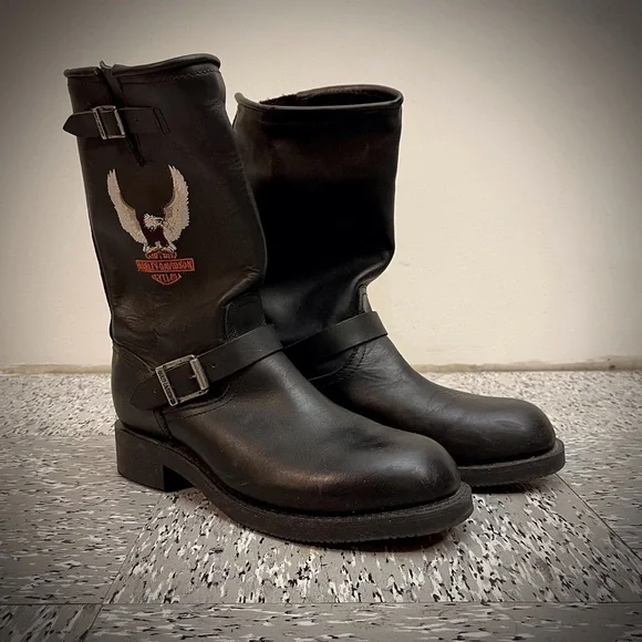 Men’s Harley Davidson Black Leather Motorcycle Biker Boots Moto Buckle - Picture 2 of 6